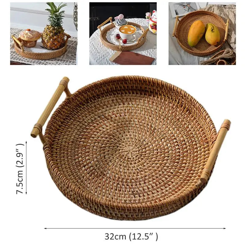 Handwoven Rattan Round Serving Tray