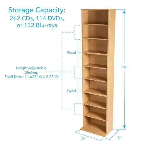 Maple Media Organizer with 6 Adjustable Shelves