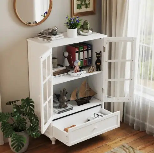 Modern White Buffet Sideboard with Glass Doors