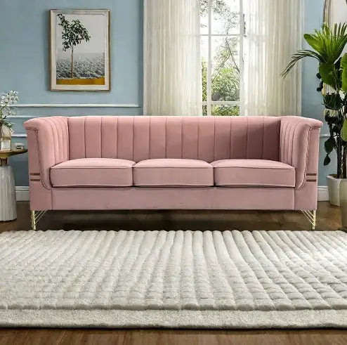 Velvet 3-Seater Pink Sofa with Golden Legs