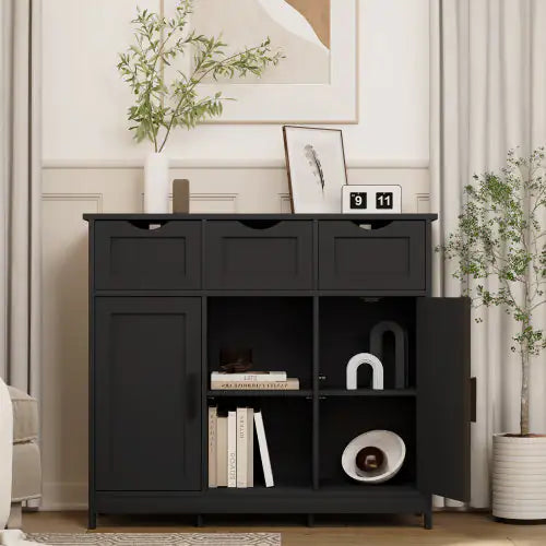 Elegant Black Storage Cabinet with Shelves and Drawers