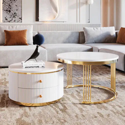 Elegant White Round Coffee Tables with Drawers, 27.6"