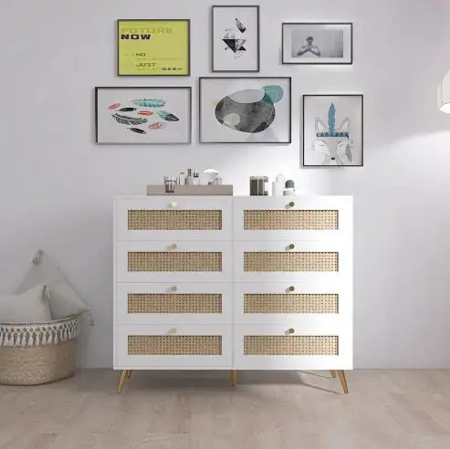 White Rattan 8-Drawer Dresser with Golden Accents