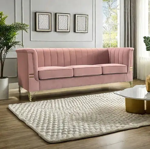 Velvet 3-Seater Pink Sofa with Golden Legs