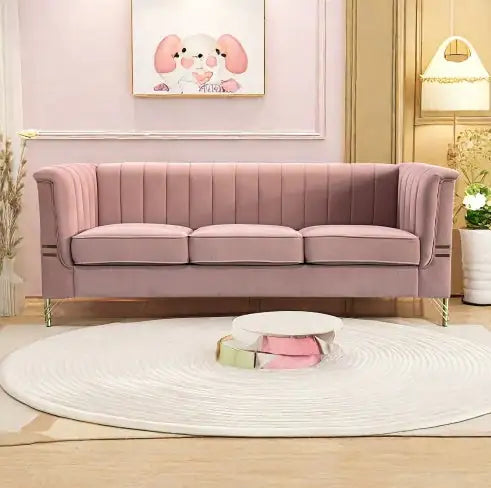 Velvet 3-Seater Pink Sofa with Golden Legs