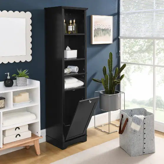 Slimline Black Storage Cabinet with Laundry Hamper