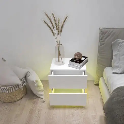 Glossy White 2-Drawer LED Nightstand with Bluetooth