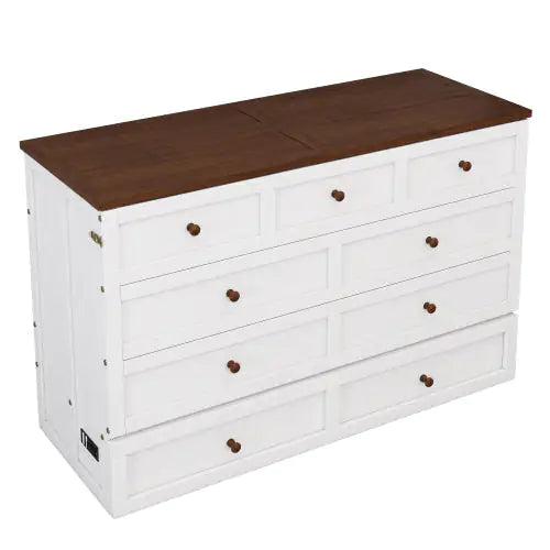 Queen White-Walnut Murphy Bed Chest with Storage