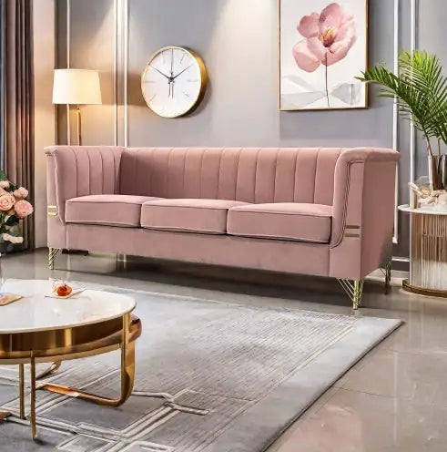 Velvet 3-Seater Pink Sofa with Golden Legs