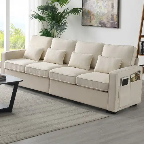 Luxe Linen 4-Seater Sofa with Storage Pockets