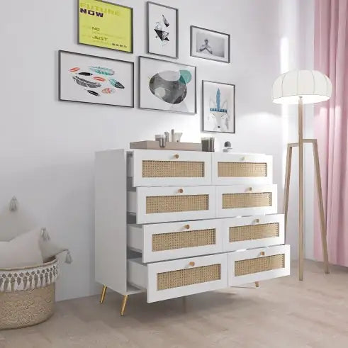 White Rattan 8-Drawer Dresser with Golden Accents