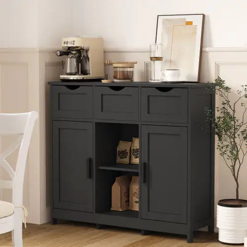 Elegant Black Storage Cabinet with Shelves and Drawers