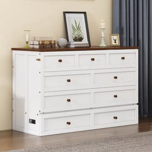 Queen White-Walnut Murphy Bed Chest with Storage