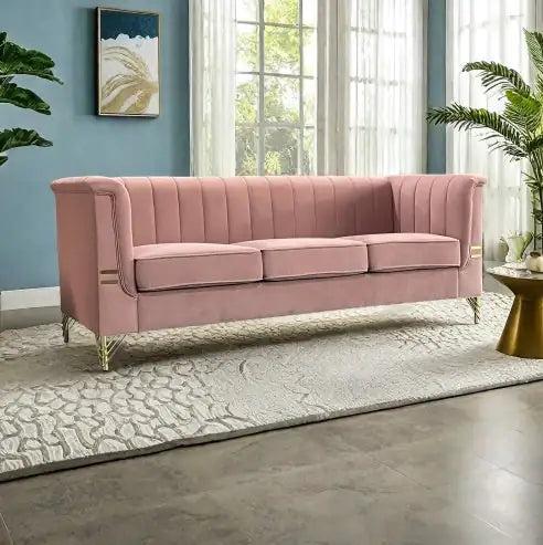 Velvet 3-Seater Pink Sofa with Golden Legs