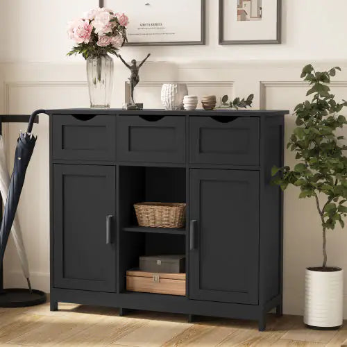 Elegant Black Storage Cabinet with Shelves and Drawers