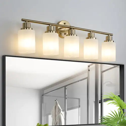 Golden Luxe 5-Light Vanity Fixture, Modern Frosted Shades