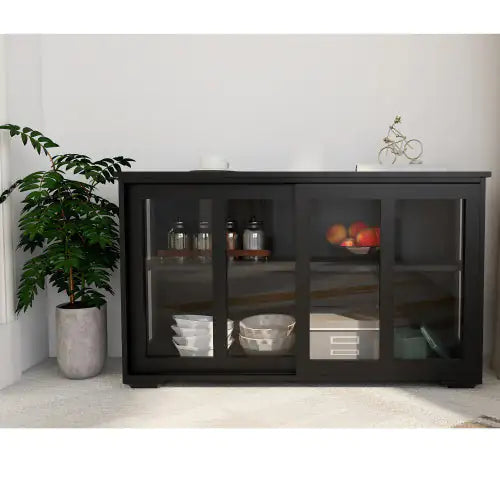 Kitchen Storage Cabinet With Glass Door - Black