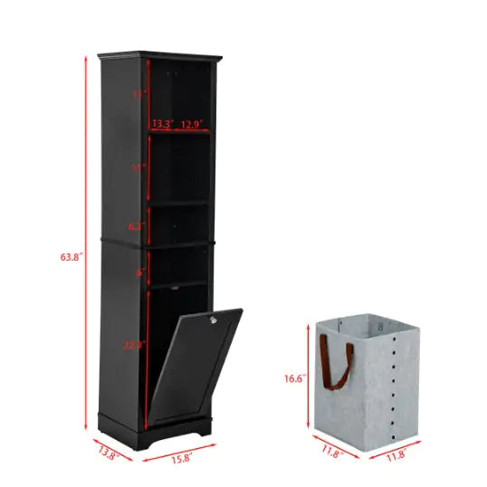 Slimline Black Storage Cabinet with Laundry Hamper