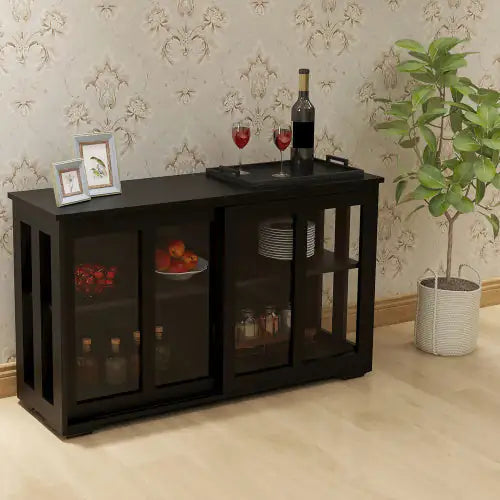 Kitchen Storage Cabinet With Glass Door - Black