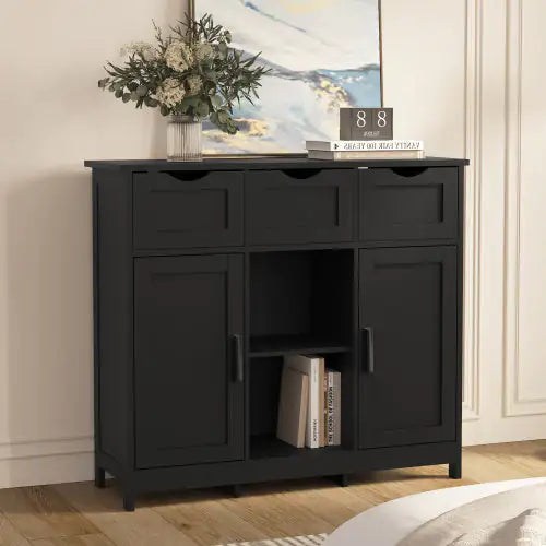 Elegant Black Storage Cabinet with Shelves and Drawers