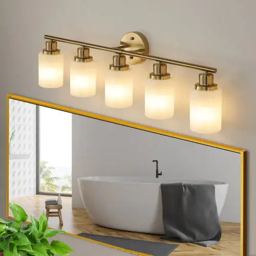 Golden Luxe 5-Light Vanity Fixture, Modern Frosted Shades