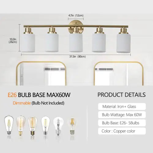 Golden Luxe 5-Light Vanity Fixture, Modern Frosted Shades