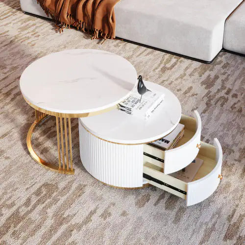 Elegant White Round Coffee Tables with Drawers, 27.6"