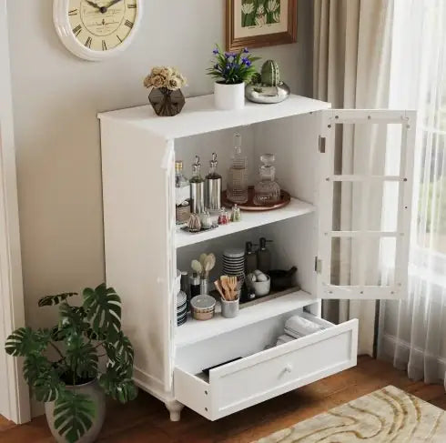 Modern White Buffet Sideboard with Glass Doors