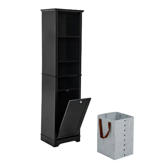 Slimline Black Storage Cabinet with Laundry Hamper