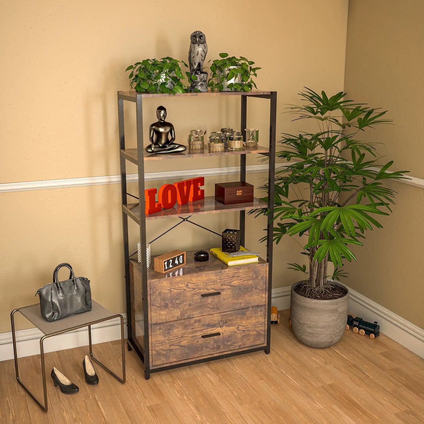 Vintage Industrial 4-Tier Bookcase with Drawers