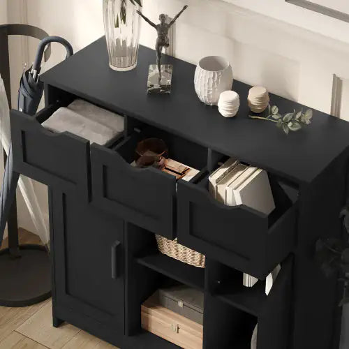 Elegant Black Storage Cabinet with Shelves and Drawers