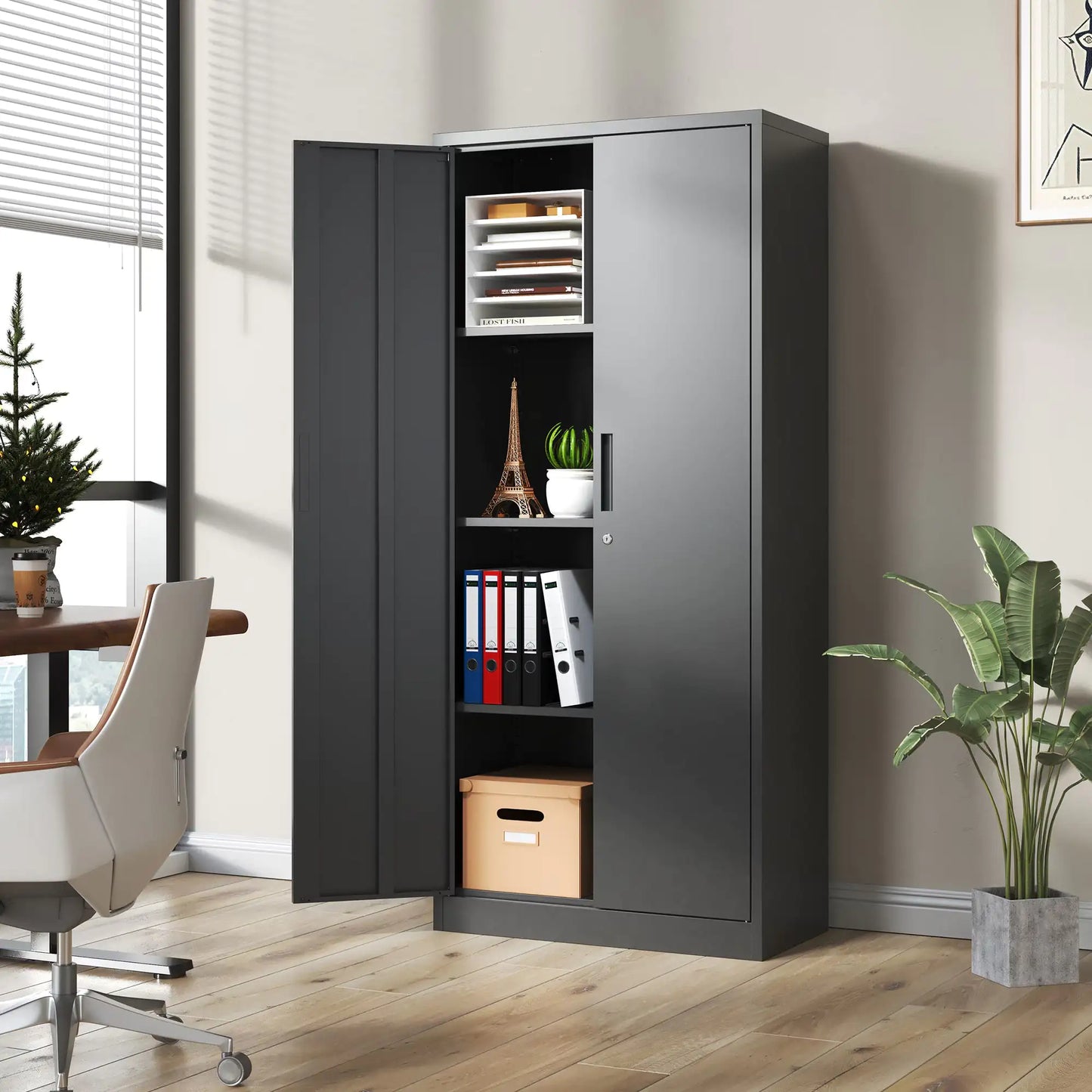 71" Black Metal Storage Cabinet with Lock and Shelves