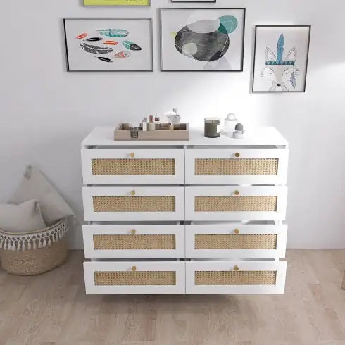 White Rattan 8-Drawer Dresser with Golden Accents