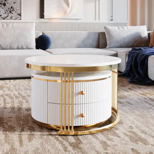 Elegant White Round Coffee Tables with Drawers, 27.6"