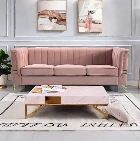 Velvet 3-Seater Pink Sofa with Golden Legs