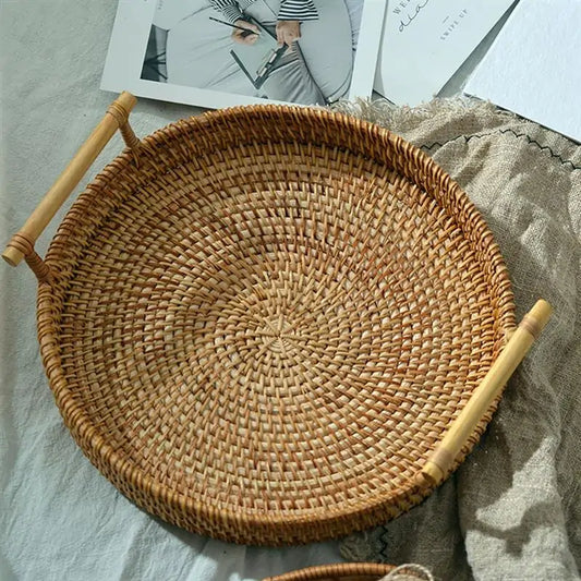 Handwoven Rattan Round Serving Tray