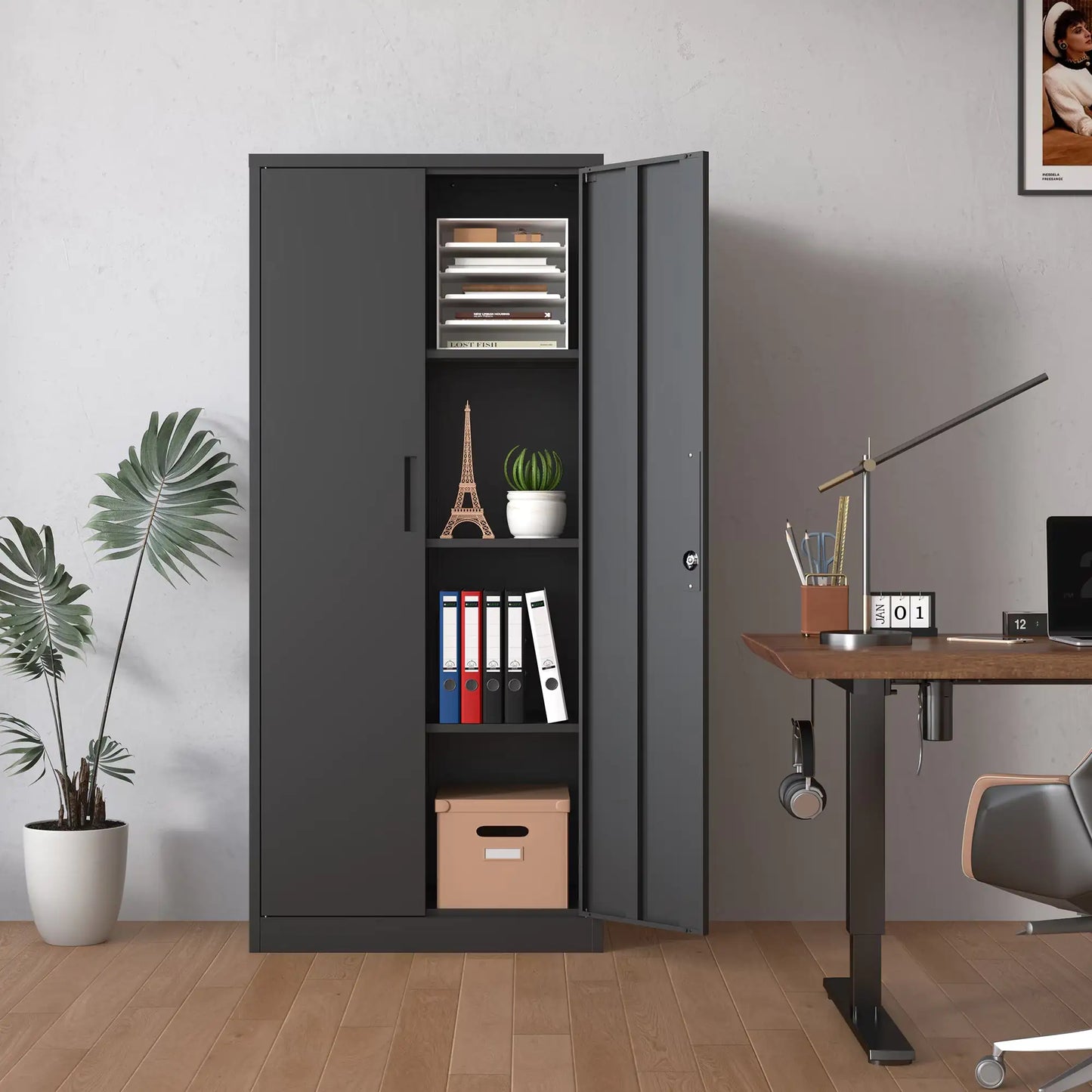 71" Black Metal Storage Cabinet with Lock and Shelves