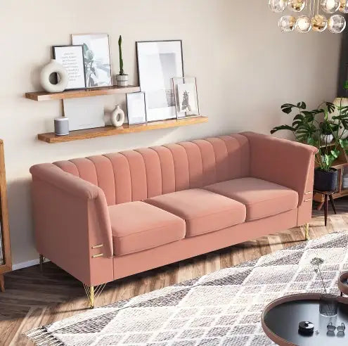 Velvet 3-Seater Pink Sofa with Golden Legs