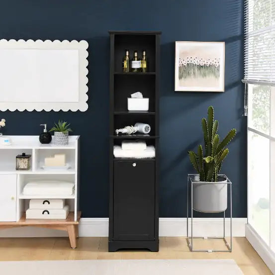 Slimline Black Storage Cabinet with Laundry Hamper