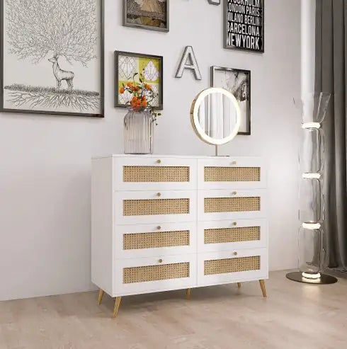 White Rattan 8-Drawer Dresser with Golden Accents