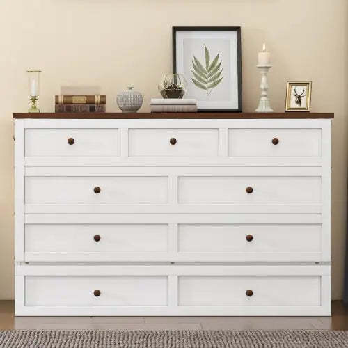 Queen White-Walnut Murphy Bed Chest with Storage