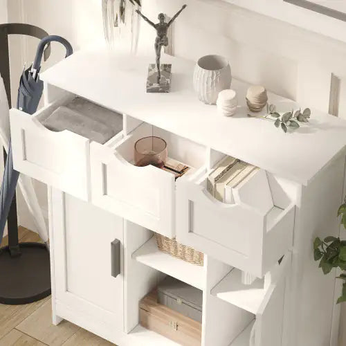 Versatile White Storage Cabinet with Shelves and Drawers