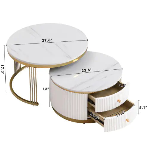 Elegant White Round Coffee Tables with Drawers, 27.6"