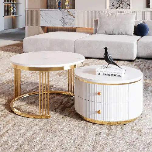 Elegant White Round Coffee Tables with Drawers, 27.6"