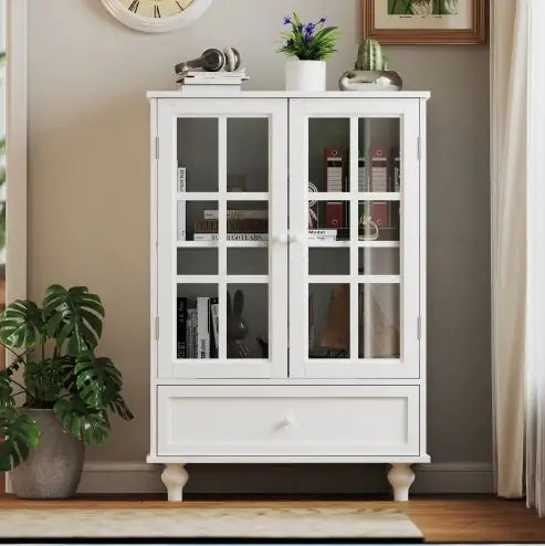 Modern White Buffet Sideboard with Glass Doors