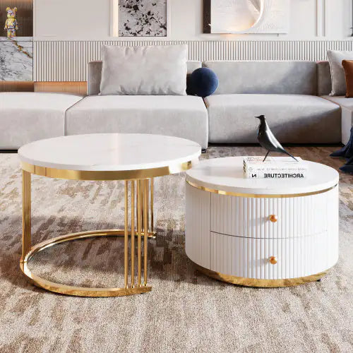 Elegant White Round Coffee Tables with Drawers, 27.6"