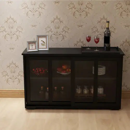 Kitchen Storage Cabinet With Glass Door - Black