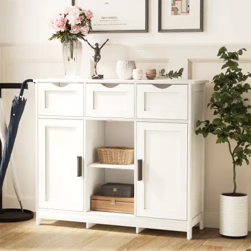 Versatile White Storage Cabinet with Shelves and Drawers