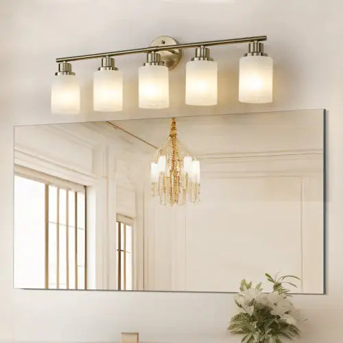 Golden Luxe 5-Light Vanity Fixture, Modern Frosted Shades