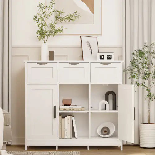 Versatile White Storage Cabinet with Shelves and Drawers